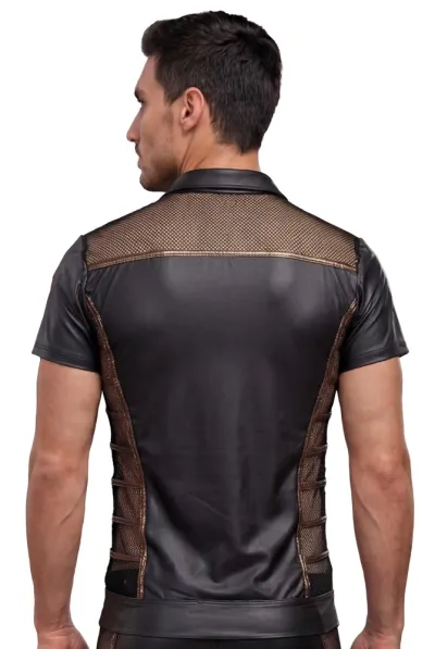 Pánská košile NEK se síťovinou, černý wetlook s bronzovými lemy, krátký rukáv, S - obrázek 4