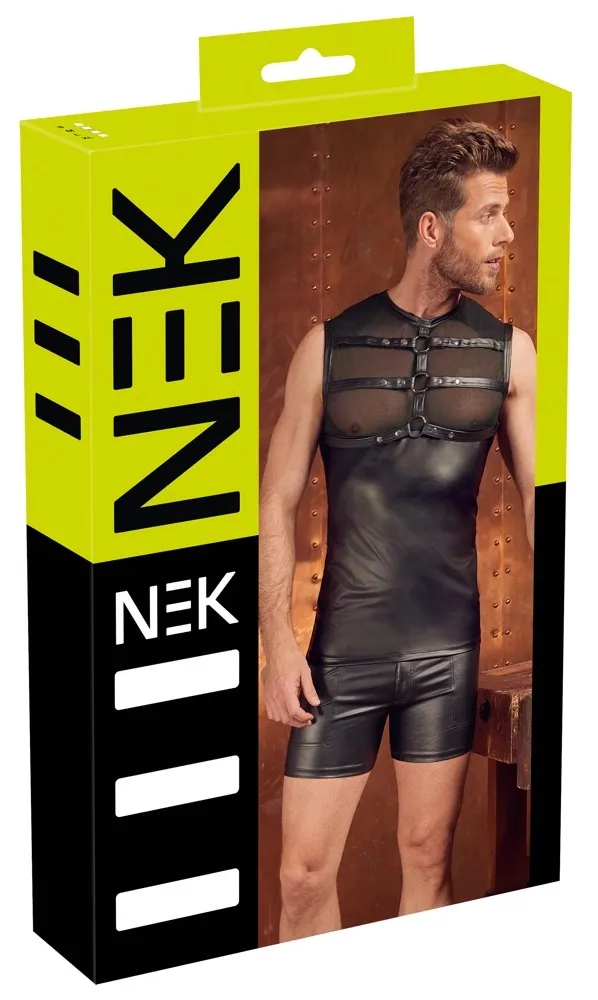 Pánský top NEK s našitým postrojem, matný vzhled a síťovina, černý, M