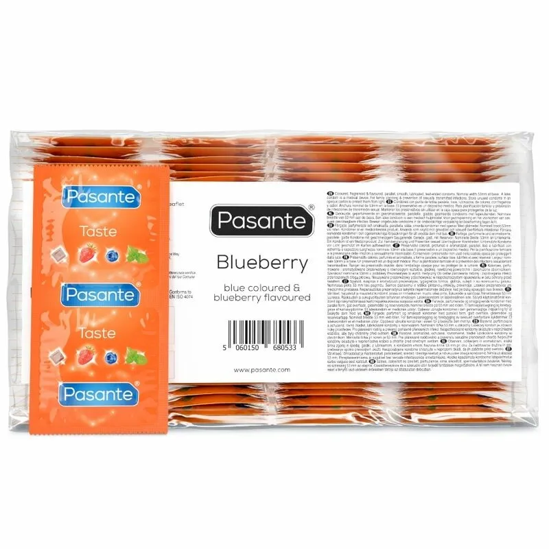 Kondomy Pasante Blueberry s příchutí borůvky, modré, 144 ks