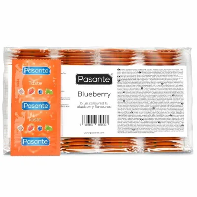 Kondomy Pasante Blueberry s příchutí borůvky, modré, 144 ks