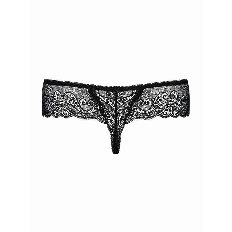 Krajková tanga Obsessive Miamor s ozdobnými kamínky, černá, S/M - obrázek 3