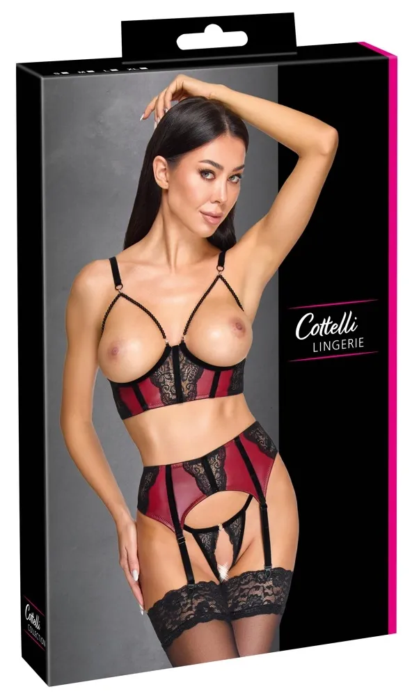 Komplet Cottelli LINGERIE podprsenka, podvazkový pás a tanga, tmavě červený a černý, S