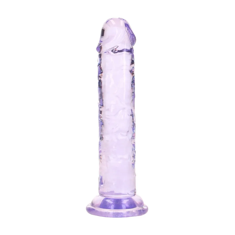 Průhledné fialové dildo RealRock Crystal Clear s přísavkou, 12,7 cm