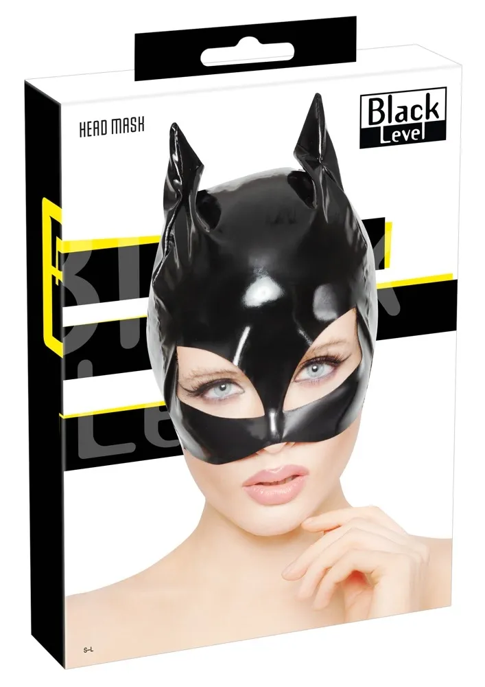 Vinylová kočičí maska Black Level s oušky, lesklá, černá, S-L