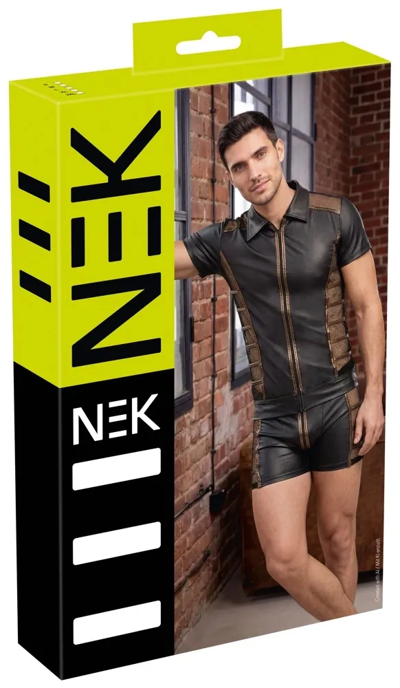 Pánská košile NEK se síťovinou, černý wetlook s bronzovými lemy, krátký rukáv, S