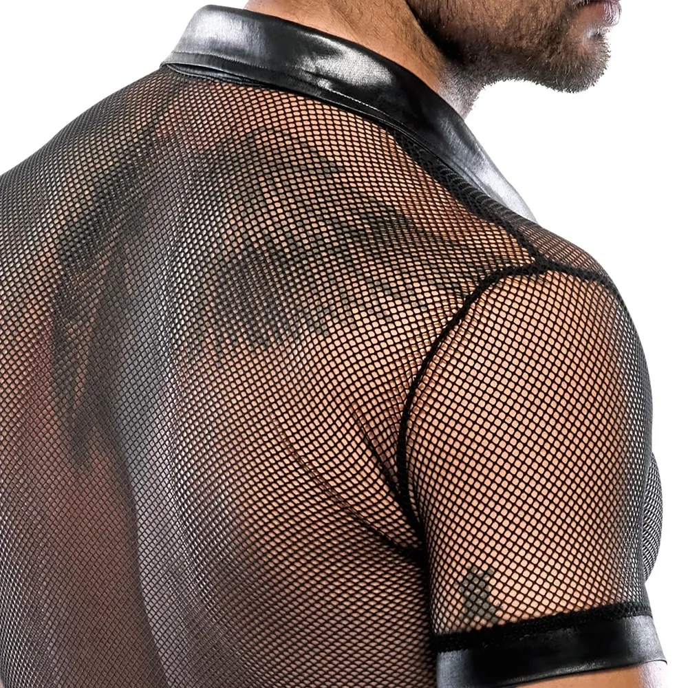 Pánská polokošile Svenjoyment, wetlook a síťovina, patentky, černá, L - obrázek 9