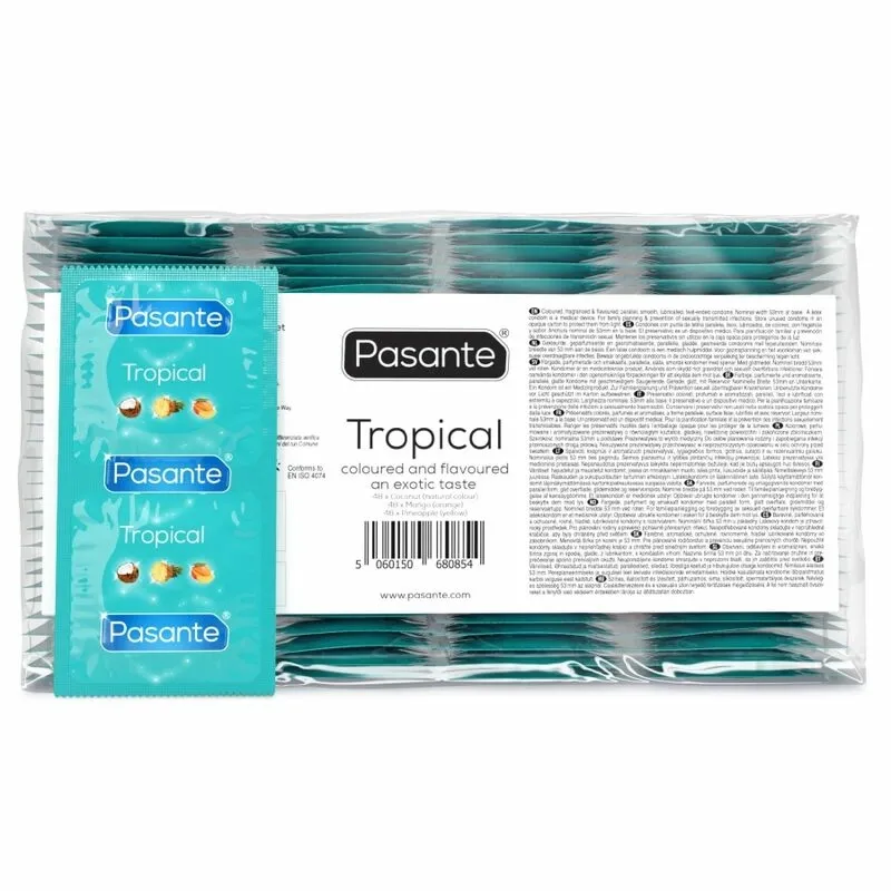 Kondomy Pasante Tropical s příchutí manga, ananasu a kokosu, 144 ks - obrázek 6