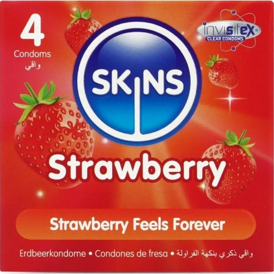 Kondomy Skins Strawberry s jahodovou příchutí, 4 ks