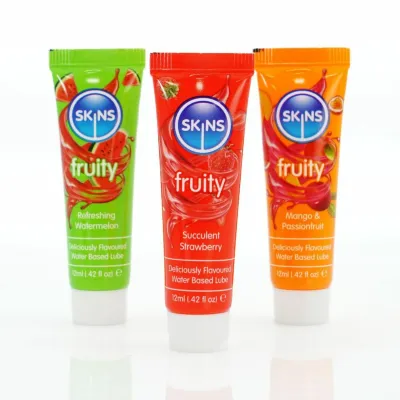 Sada lubrikačních gelů s příchutí Skins Fruity, meloun, jahoda, mango, 3 x 12 ml