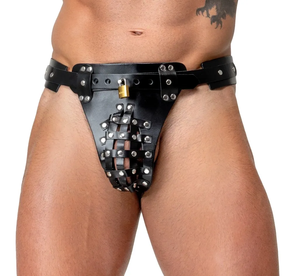 Pánský kožený jockstrap ZADO, uzamykatelný, s kovovými cvoky, černý - obrázek 2