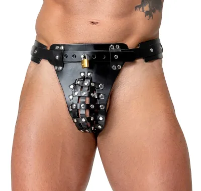 Pánský kožený jockstrap ZADO, uzamykatelný, s kovovými cvoky, černý - obrázek 2