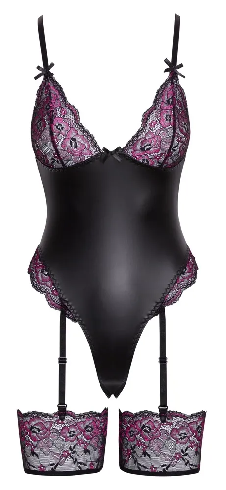 Body s podvazky Cottelli Lingerie, krajka, černo-růžové, L - obrázek 5