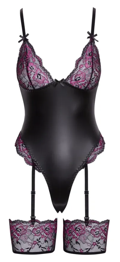 Body s podvazky Cottelli Lingerie, krajka, černo-růžové, L - obrázek 5