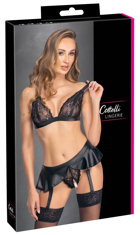 Komplet podprsenky a kalhotek s podvazky Cottelli Lingerie, černá krajka, S