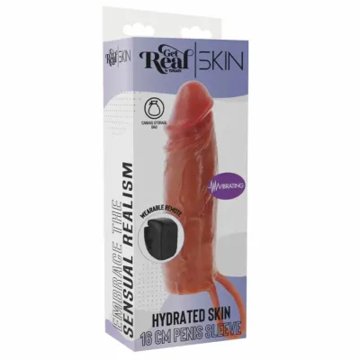 Silikonový vibrační návlek na penis Get Real Hydrated Skin, karamelový, 16 cm - obrázek 5