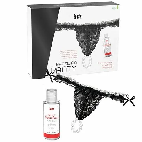Perlová tanga INTT Brazilian Panty, černá, s jahodovým lubrikačním gelem 50 ml - obrázek 4