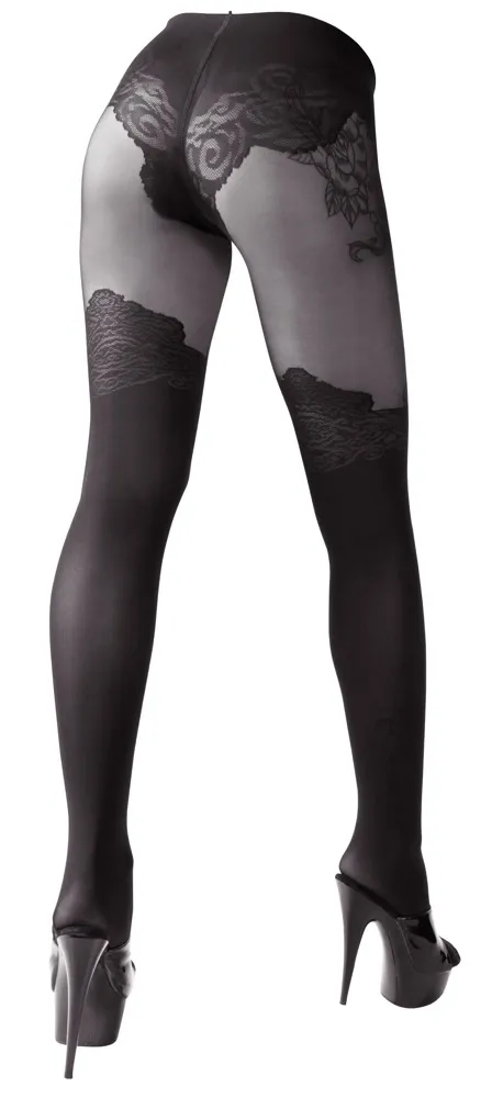 Punčocháče Cottelli Legwear s otevřeným rozkrokem a efektem nadkolenek, černé, 40/20 DEN - obrázek 4
