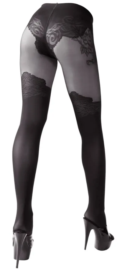 Punčocháče Cottelli Legwear s otevřeným rozkrokem a efektem nadkolenek, černé, 40/20 DEN - obrázek 4