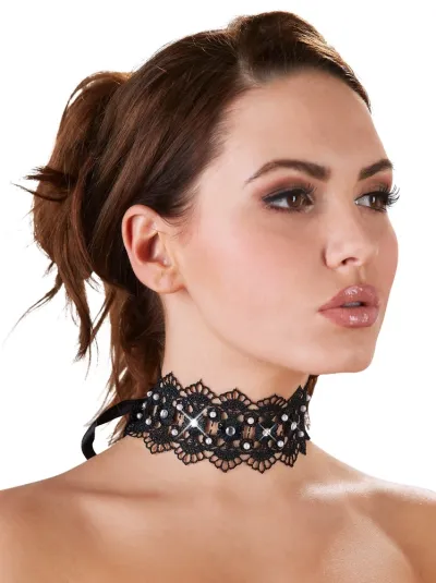 Vyšívaný choker s perlami a kamínky Cottelli Collection, černý, 36 cm - obrázek 2