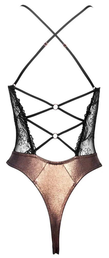 Tanga body Cottelli LINGERIE Copper s krajkou a flitry, měděné s černou, S - obrázek 7