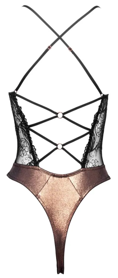 Tanga body Cottelli LINGERIE Copper s krajkou a flitry, měděné s černou, S - obrázek 7