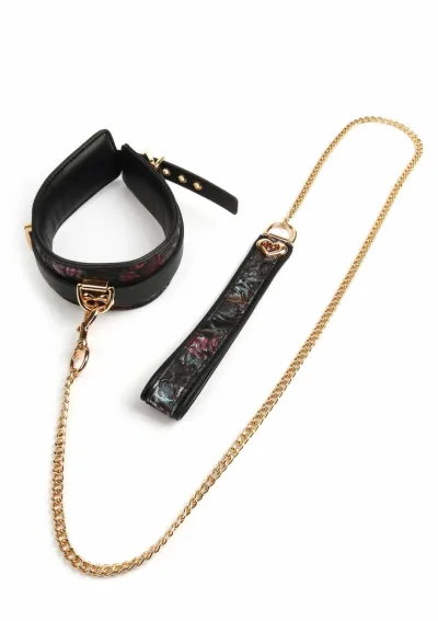 Obojek s vodítkem GEISHA Floral Jacquard, veganská kůže, černý - obrázek 7