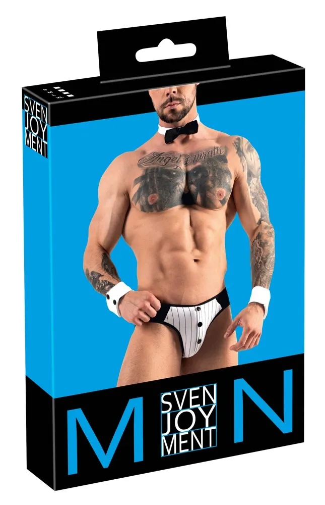 Pánský jockstrap Svenjoyment s proužkovanou vsadkou, manžety a motýlek, černý, S