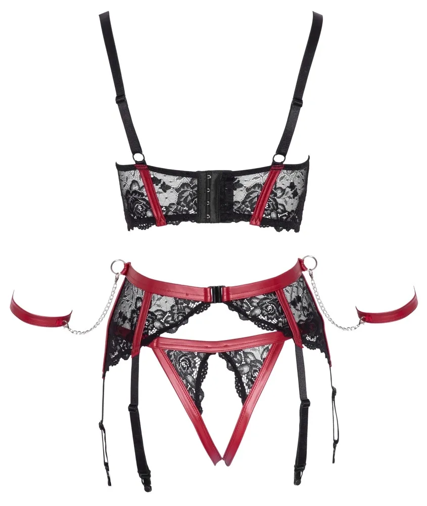 Komplet s otevřenou podprsenkou a pouty Cottelli Bondage, černo-červený, L - obrázek 7