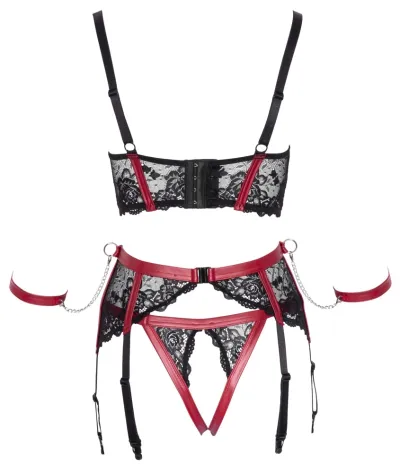 Komplet s otevřenou podprsenkou a pouty Cottelli Bondage, černo-červený, L - obrázek 7