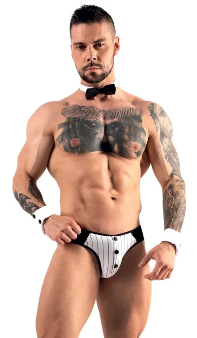 Pánský jockstrap Svenjoyment s proužkovanou vsadkou, manžety a motýlek, černý, S - obrázek 3