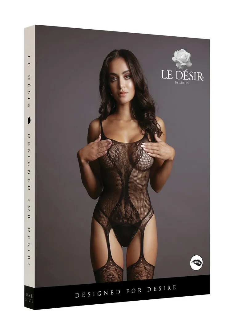 Síťovaný bodystocking Obsessive F206 s krajkovým vzorem, S-XL, černý - obrázek 5