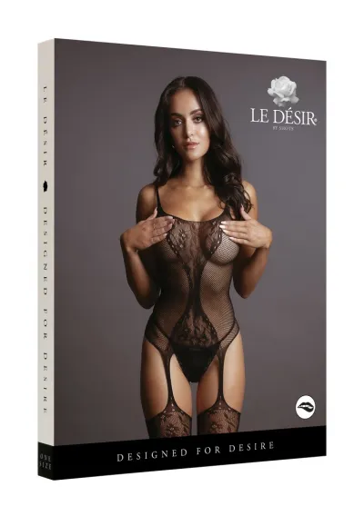 Síťovaný bodystocking Obsessive F206 s krajkovým vzorem, S-XL, černý - obrázek 5