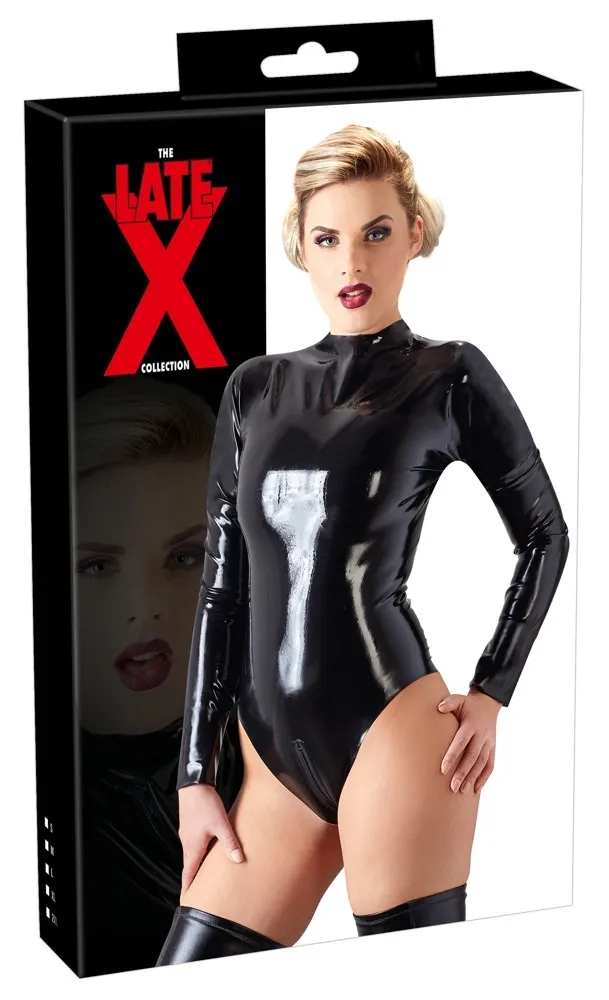 Latexové body LateX s dlouhým rukávem a dvěma zipy, černé, S