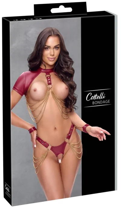 Komplet Cottelli Bondage, top, tanga s otevřeným rozkrokem a pouta, červený, S
