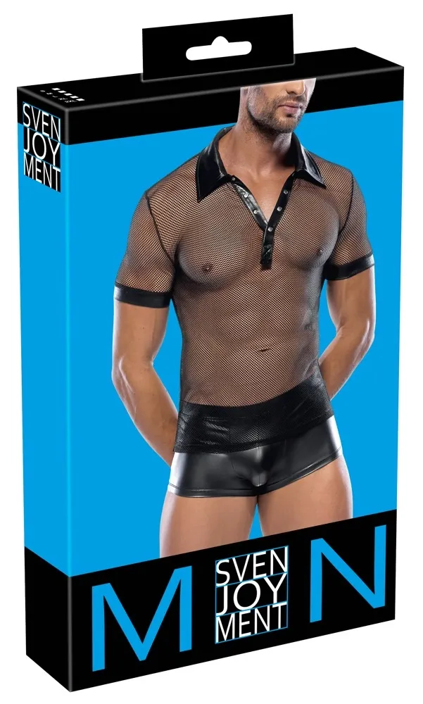 Pánská polokošile Svenjoyment, wetlook a síťovina, patentky, černá, L