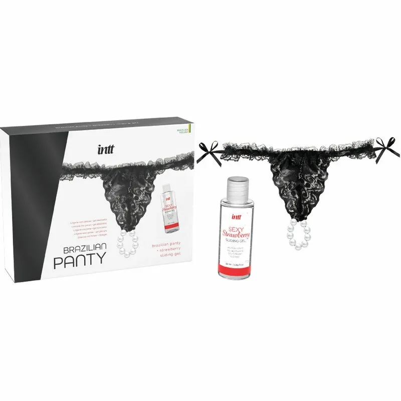 Perlová tanga INTT Brazilian Panty, černá, s jahodovým lubrikačním gelem 50 ml - obrázek 3