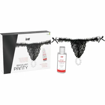 Perlová tanga INTT Brazilian Panty, černá, s jahodovým lubrikačním gelem 50 ml - obrázek 3