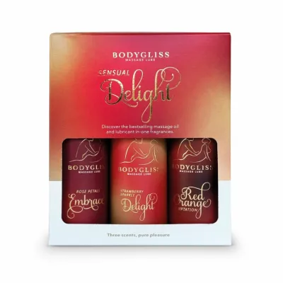 Sada lubrikačních gelů BodyGliss Travel Edition, červený pomeranč, jahoda, růže, 3 × 30 ml
