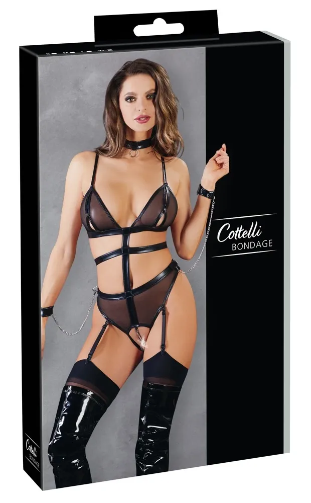 Body Cottelli Bondage Body Chains ve stylu postroje, s pouty a obojkem, L
