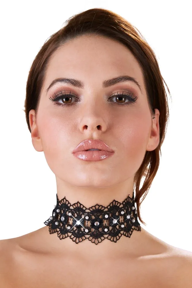 Vyšívaný choker s perlami a kamínky Cottelli Collection, černý, 36 cm - obrázek 3