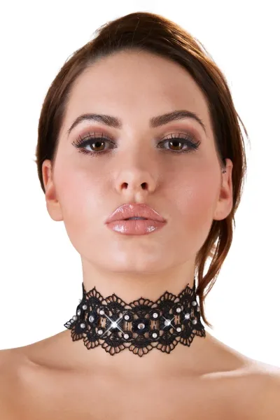 Vyšívaný choker s perlami a kamínky Cottelli Collection, černý, 36 cm - obrázek 3