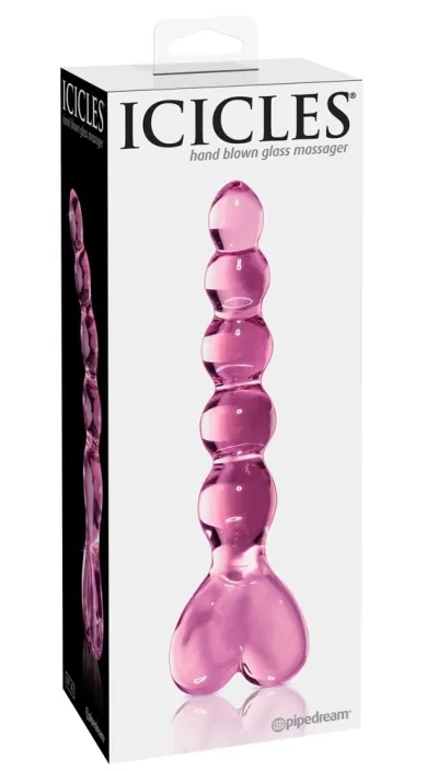 Skleněné dildo Icicles No. 43 s rukojetí ve tvaru srdce, růžové