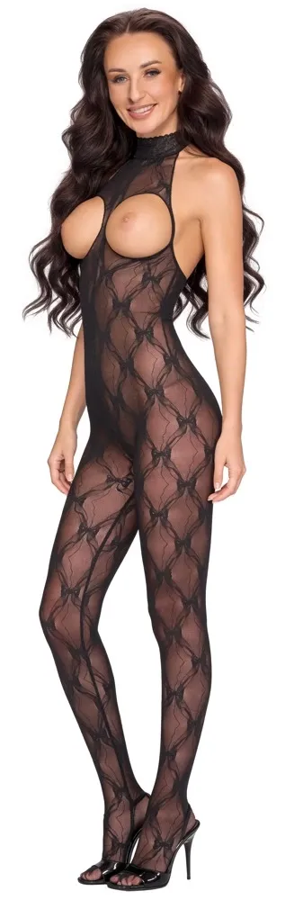 Krajkový catsuit Cottelli Fantasy s výstřihem za krk a otevřeným rozkrokem, černý, S-L - obrázek 3