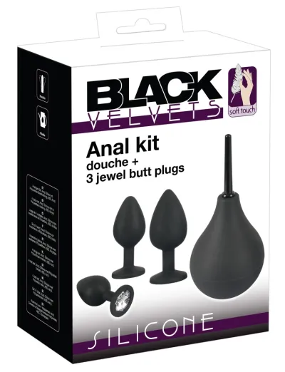 Anální sada Black Velvets, klystýr a 3 anální kolíky se šperkem, silikon