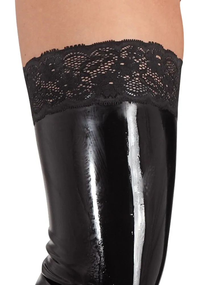 Latexové punčochy LateX po stehna s krajkovým vzorem, černé, XL - obrázek 4