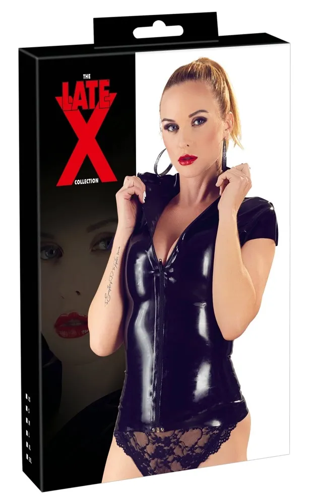 Latexová košile LateX s krátkým rukávem a zipem vpředu, černá, XS