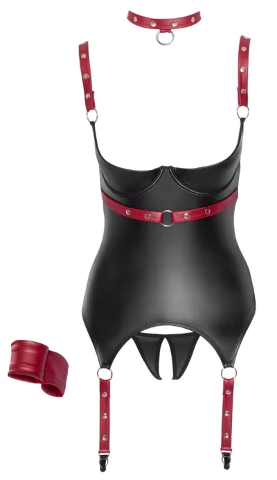 Souprava Cottelli Bondage, korzet, tanga, obojek a pouta, černo-červená, L - obrázek 6