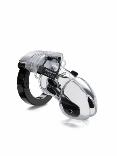 Klec cudnosti Mystim Pubic Enemy No 1 s elektrostimulací, průhledná
