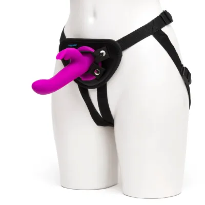 Vibrační strap-on s postrojem Happy Rabbit, silikonový, 15 režimů, fialový
