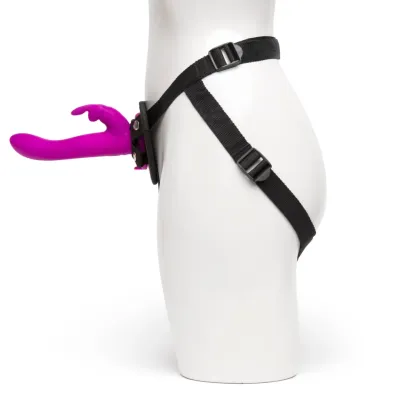 Vibrační strap-on s postrojem Happy Rabbit, silikonový, 15 režimů, fialový - obrázek 3
